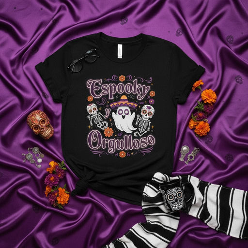 Espooky y Orgulloso Spooky Proud Ghost Sombrero Marigold Flowers Sugar Skulls Black Unisex T-Shirt Halloween Day of the Dead Dia de Muertos Hispanic Heritage Design Gift Mexicada