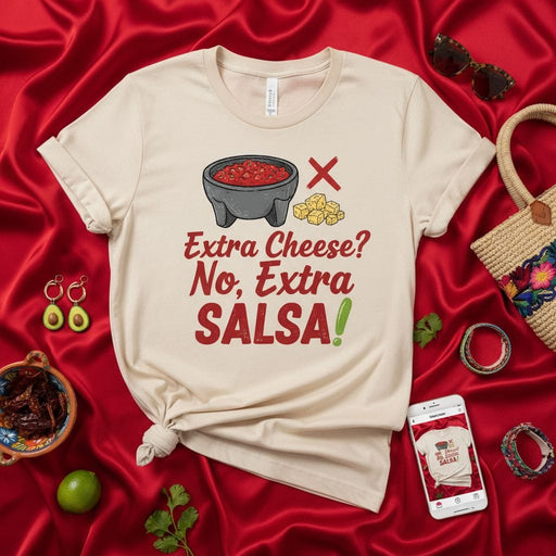 Extra Cheese? No, Extra Salsa! Mexican Food Funny T-Shirt, Salsa Lover Tee, Molcajete Bowl Design, Humor Fiesta Shirt, Unisex Graphic T-Shirt, Gift for Taco Tuesday Fan, Spicy Food Apparel, Red Green Text Mexicada