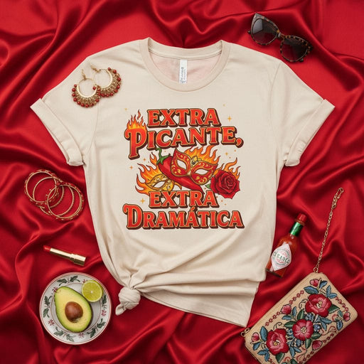 Extra Picante Extra Dramática Shirt, Spicy Dramatic T-Shirt, Hot Pepper Mask Rose Design Tee, Funny Latina Fiesta Carnival Party Top, Unisex Hispanic Graphic T-Shirt Mexicada