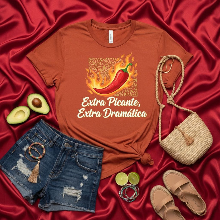Extra Picante, Extra Dramática Spicy Chili Pepper T-Shirt, Hot Latina Dramatic Queen Tee, Mexican Food Lover Gift, Unisex Graphic Shirt, Spanish Phrase Top Mexicada