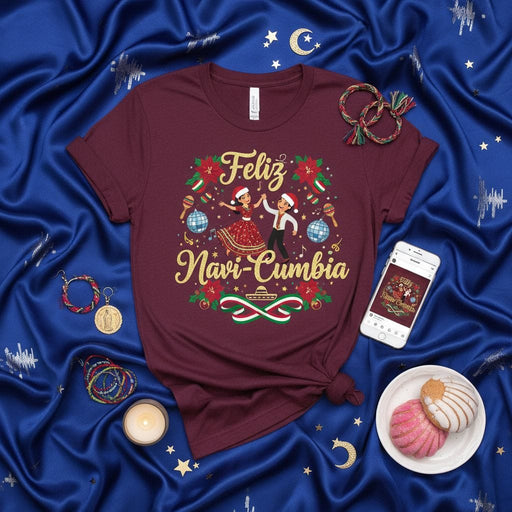 Feliz Navi-Cumbia Christmas Shirt, Latino Holiday Tee, Cumbia Dancing Couple Navidad T-Shirt, Mexican Fiesta Music Merch, Spanish Pun Family Gift, Cute Festive Dance Party Top Mexicada