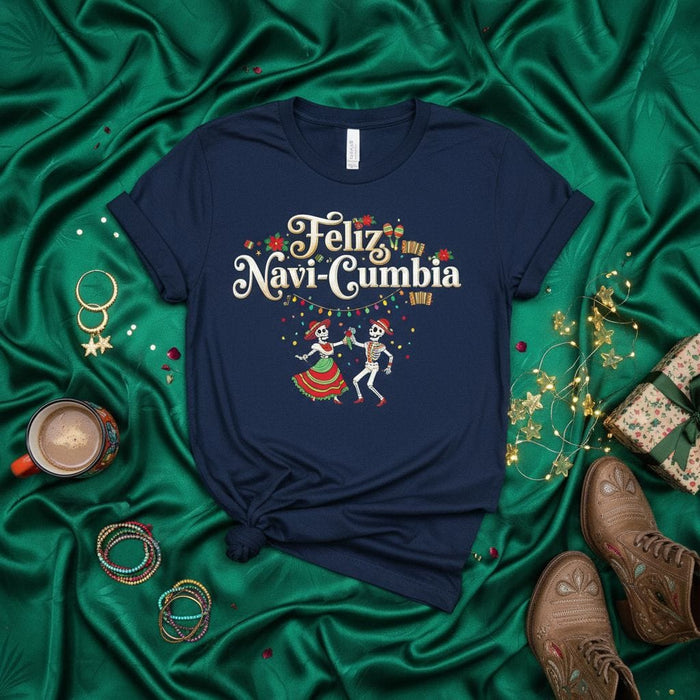 Feliz Navi-Cumbia Christmas Shirt with Dancing Skeletons, Dia de Muertos Holiday Fiesta Tee, Festive Latin Music Xmas Gift, Unisex Spanish English Navidad T-Shirt Apparel Mexicada