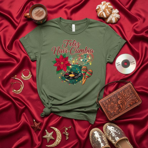 Feliz Navi-Cumbia Christmas Shirt with Record Player, Maracas, Poinsettia, & Music Notes; Spanish Cumbia Holiday Party T-Shirt Gift for Men and Women Mexicada