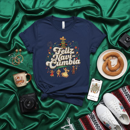 Feliz Navi-Cumbia Christmas T-Shirt, Cumbia Dance Party Holiday Tee, Fun Latin Music Xmas Graphic Shirt, Mexican Fiesta Merry Christmas Unisex T-Shirt Mexicada