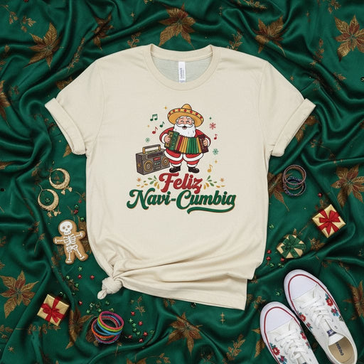 Feliz Navi-Cumbia Santa Sombrero Accordion Shirt, Christmas Cumbia Music Tee, Funny Latino Xmas Gift, Mexican Fiesta Holiday Party Unisex T-Shirt Mexicada