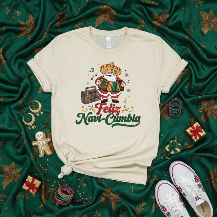 Feliz Navi-Cumbia Santa Sombrero Accordion Shirt, Christmas Cumbia Music Tee, Funny Latino Xmas Gift, Mexican Fiesta Holiday Party Unisex T-Shirt Mexicada