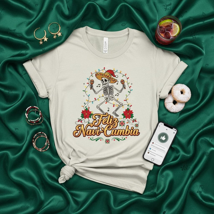 Feliz Navi-Cumbia Skeleton T-Shirt: Christmas Mariachi Skull with Sombrero, Maracas, Poinsettias & Lights - Funny Holiday Party Unisex Tee Mexicada