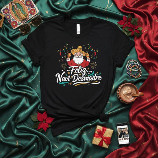 Feliz Navi-Desmadre Santa Sombrero Maracas Christmas T-Shirt, Funny Mexican Holiday Party Tee, Unisex Xmas Fiesta Shirt Gift, Navidades Festive Apparel Mexicada