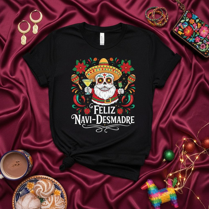 Feliz Navi-Desmadre Santa T-Shirt, Funny Mexican Christmas Shirt, Cinco de Mayo Skeleton Mariachi Tee, Holiday Party Top, Festive Graphic Gift for Men Women Mexicada