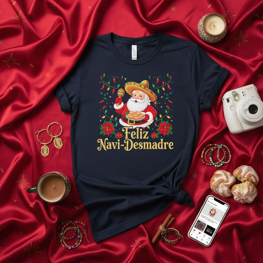 Feliz Navi-Desmadre Shirt, Funny Mexican Santa Sombrero Maraca Poinsettia Christmas Lights T-Shirt, Cinco De Mayo Navidad Holiday Party Unisex Tee, Foodie Cookie Lover Gift Mexicada