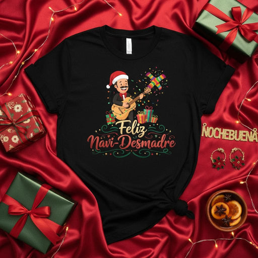 Feliz Navi-Desmadre Shirt, Funny Spanish Christmas T-Shirt, Mariachi Santa Playing Guitar with Pinata, Mexican Holiday Nochebuena Unisex Tee, Festive Family Party Apparel Mexicada