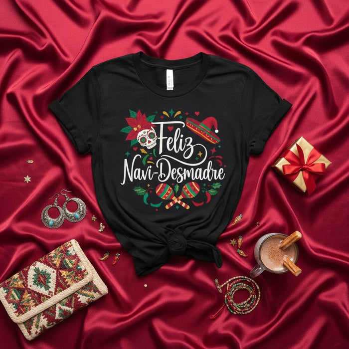 Feliz Navi-Desmadre Shirt, Funny Spanish Christmas T-Shirt, Mexican Holiday Fiesta Top, Skull Maracas Sombrero Poinsettia Design, Unisex Black Tee for Xmas Party Mexicada