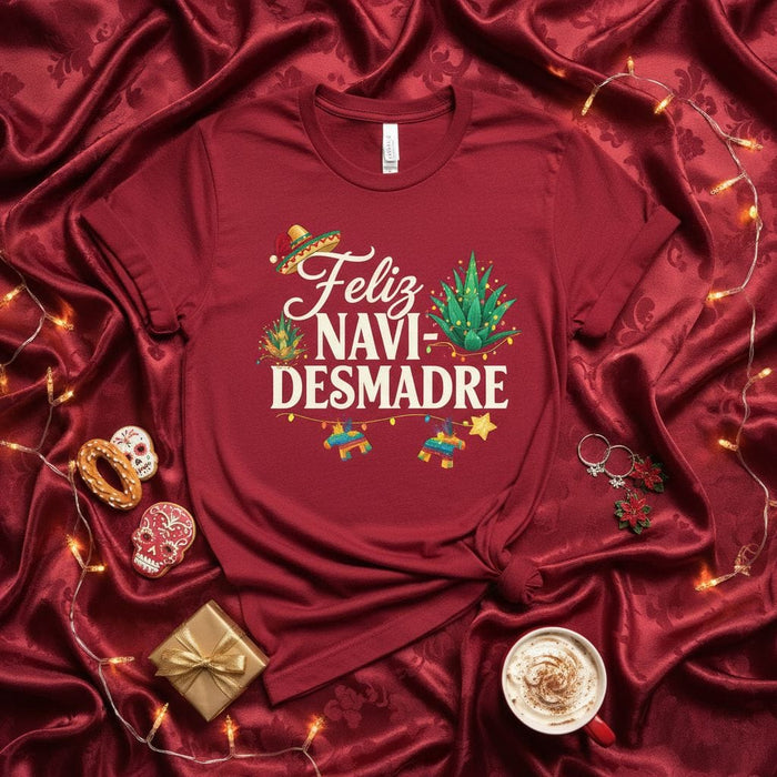 Feliz Navi-Desmadre Shirt, Funny Spanish Christmas T-Shirt, Mexican Holiday Fiesta Top, Sombrero Agave Pinata Graphic Tee, Festive Navidad Humor Gift for Him Her, Unisex Adult Short Sleeve Apparel Mexicada