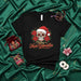 Feliz Navi-Desmadre Sugar Skull Christmas T-Shirt with Santa Hat and Poinsettias, Day of the Dead Holiday Tee, Calavera Navideña Unisex Shirt, Funny Latino Christmas Gift Idea Mexicada