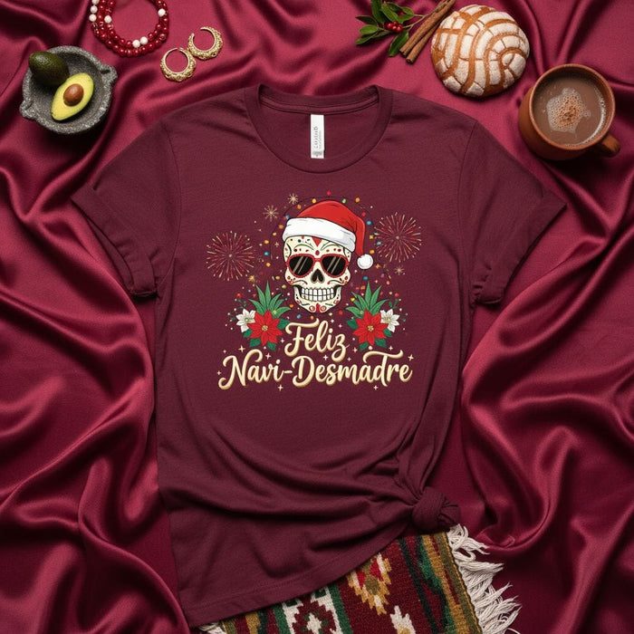 Feliz Navi-Desmadre Sugar Skull Santa T-Shirt, Funny Merry Christmas Holiday Tee, Day of the Dead Calavera Xmas Shirt, Poinsettia Fireworks Unisex Apparel Gift Mexicada