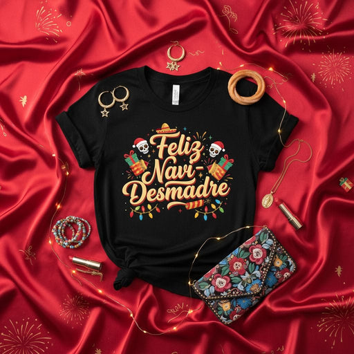Feliz Navi Desmadre T-Shirt, Funny Hispanic Christmas Shirt, Spanish Holiday Party Tee, Cinco de Mayo Skeleton Skull Sombrero Gifts Shirt, Unisex Graphic T-Shirt Mexicada