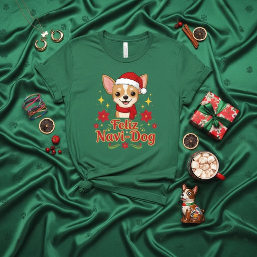 Feliz Navi-Dog Christmas Chihuahua T-Shirt, Cute Dog in Santa Hat and Scarf, Holiday Spanish Pun Tee, Unisex Green Festive Shirt, Dog Lover Gift, Xmas Puppy Apparel Mexicada