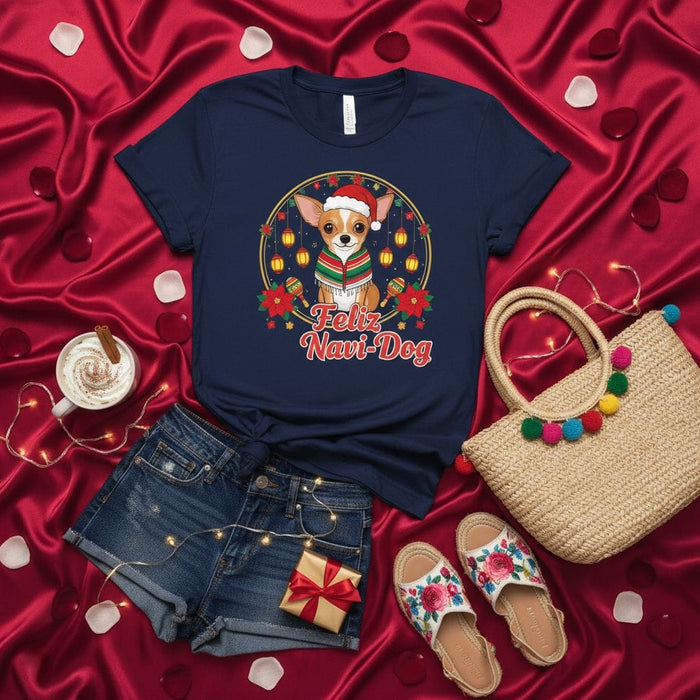 Feliz Navi-Dog Christmas Chihuahua T-Shirt, Cute Dog with Santa Hat and Scarf, Holiday Fiesta Tee, Funny Spanish and English Xmas Apparel for Pet Lovers Mexicada