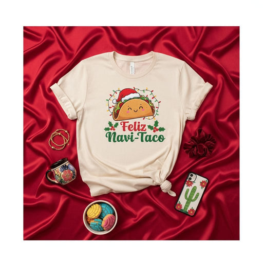 Feliz Navi-Taco Christmas Shirt, Funny Holiday Taco Lover Gift, Cute Santa Taco Graphic Tee, Mexican Food Pun Xmas T-Shirt, Unisex Navidad Apparel Mexicada