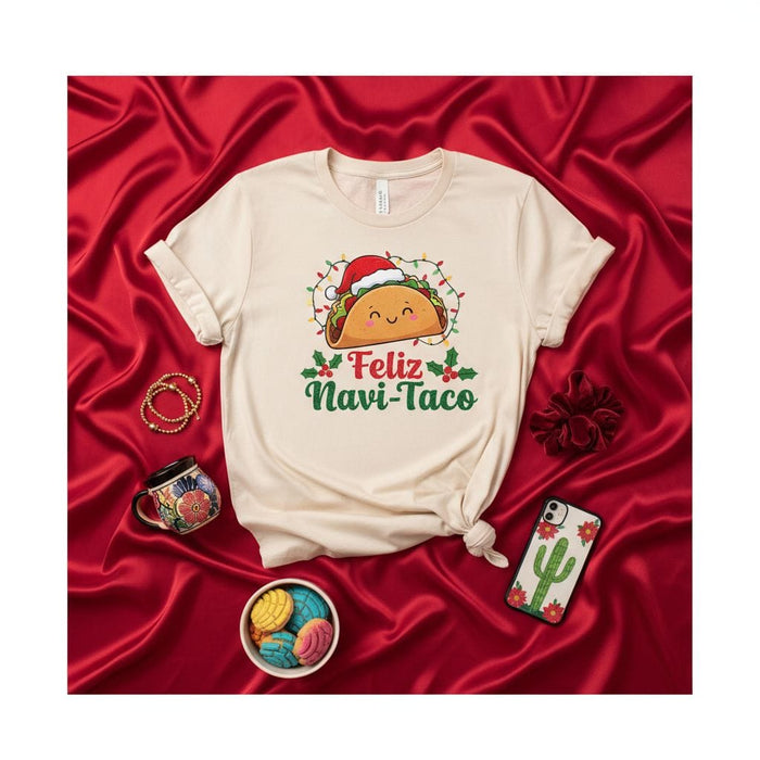 Feliz Navi-Taco Christmas Shirt, Funny Holiday Taco Lover Gift, Cute Santa Taco Graphic Tee, Mexican Food Pun Xmas T-Shirt, Unisex Navidad Apparel Mexicada