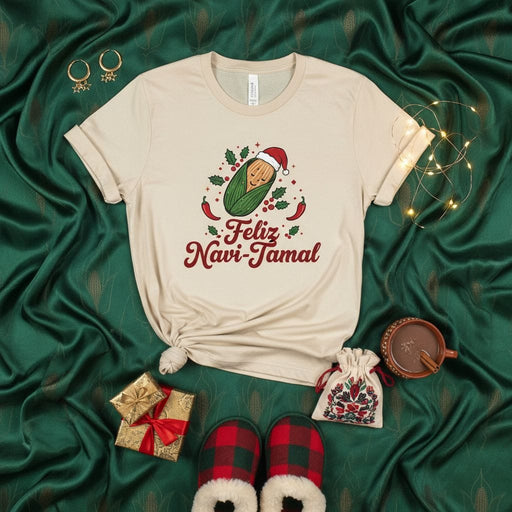 Feliz Navi-Tamal Christmas T-Shirt, Cute Tamale with Santa Hat Holiday Tee, Funny Spanish and English Xmas Food Pun Shirt, Festive Corn Husk Present Idea Mexicada