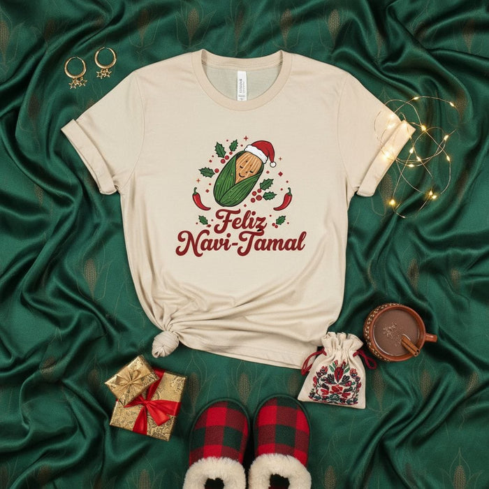 Feliz Navi-Tamal Christmas T-Shirt, Cute Tamale with Santa Hat Holiday Tee, Funny Spanish and English Xmas Food Pun Shirt, Festive Corn Husk Present Idea Mexicada