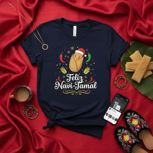Feliz Navi-Tamal Christmas Tamale T-Shirt, Funny Holiday Food Pun Tee, Cute Tamal with Santa Hat, Unisex Merry Christmas Fiesta Gift Shirt Mexicada