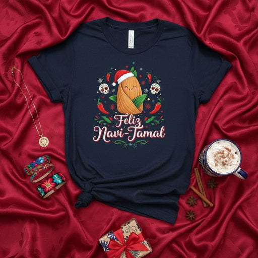 Feliz Navi-Tamal Christmas Tamale T-Shirt Holiday Funny Food Pun Skull Shirt Cute Tamal in Santa Hat Mexican-Inspired Navidad Tee Gift for Tamales Lovers Mexicada