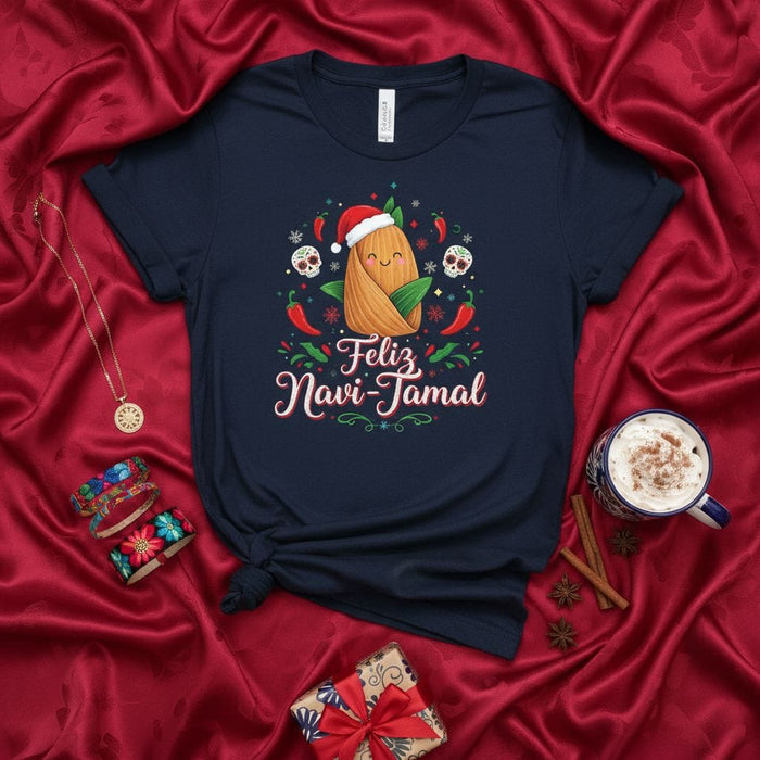 Feliz Navi-Tamal Christmas Tamale T-Shirt Holiday Funny Food Pun Skull Shirt Cute Tamal in Santa Hat Mexican-Inspired Navidad Tee Gift for Tamales Lovers Mexicada