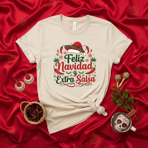 Feliz Navidad y Extra Salsa Shirt, Funny Mexican Christmas T-Shirt, Chili Pepper Santa Hat Holiday Tee, Spicy Festive Apparel, Unisex Graphic Xmas Gift Mexicada