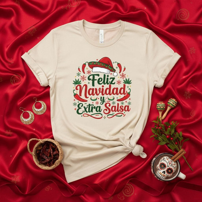 Feliz Navidad y Extra Salsa Shirt, Funny Mexican Christmas T-Shirt, Chili Pepper Santa Hat Holiday Tee, Spicy Festive Apparel, Unisex Graphic Xmas Gift Mexicada