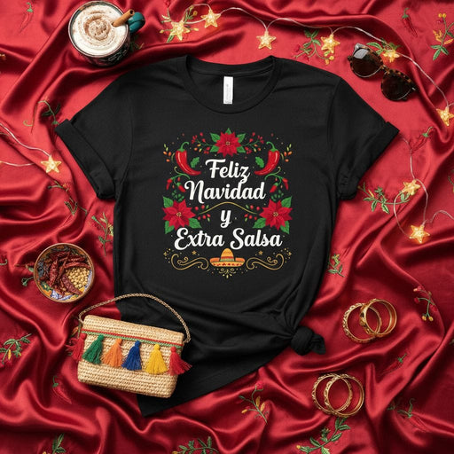 Feliz Navidad y Extra Salsa Shirt, Funny Mexican Christmas T-Shirt, Poinsettia Chili Pepper Sombrero Holiday Tee, Latino Family Party Xmas Gift Idea Mexicada