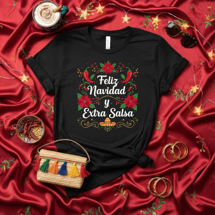 Feliz Navidad y Extra Salsa Shirt, Funny Mexican Christmas T-Shirt, Poinsettia Chili Pepper Sombrero Holiday Tee, Latino Family Party Xmas Gift Idea Mexicada