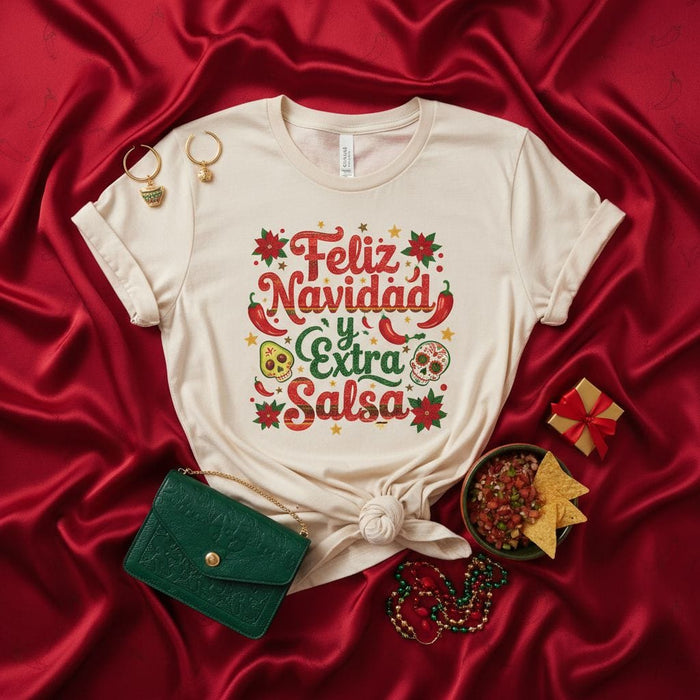 Feliz Navidad Y Extra Salsa T-Shirt Holiday Christmas Mexican Food Pun Shirt Funny Fiesta Tee Sugar Skulls Chili Peppers Merry Xmas Gift Unisex Short Sleeve Graphic Top Mexicada