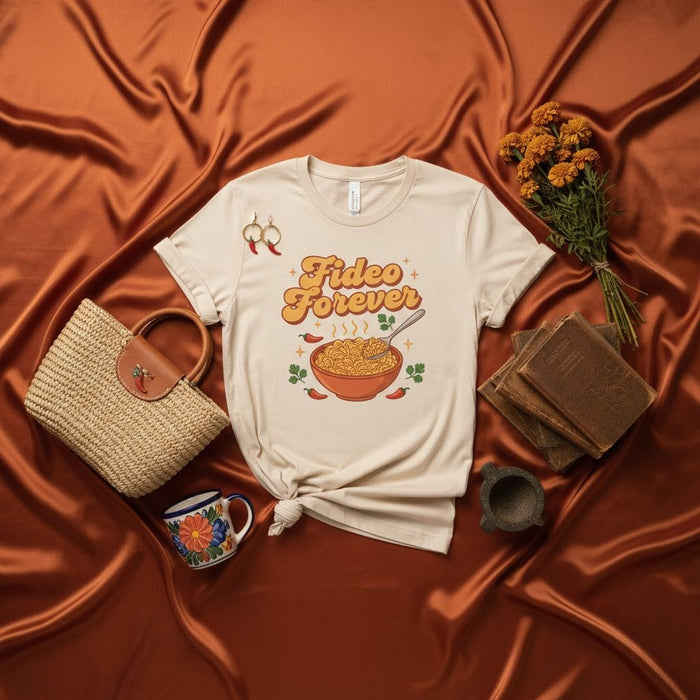 Fideo Forever Retro Groovy 70s Style T-Shirt with Spicy Noodles and Chili Peppers, Unisex Hispanic Comfort Food Tee, Mexican Soup Shirt, Vintage Aesthetic Graphic Top Mexicada