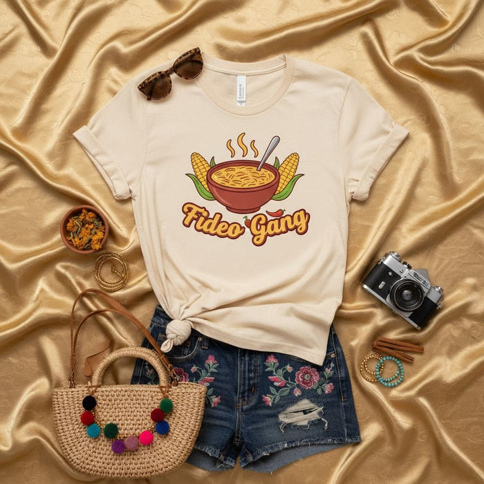 Fideo Gang T-Shirt: Funny Noodles and Corn Graphic Tee for Food Lovers, Unisex Hispanic Dish Inspired Shirt Mexicada