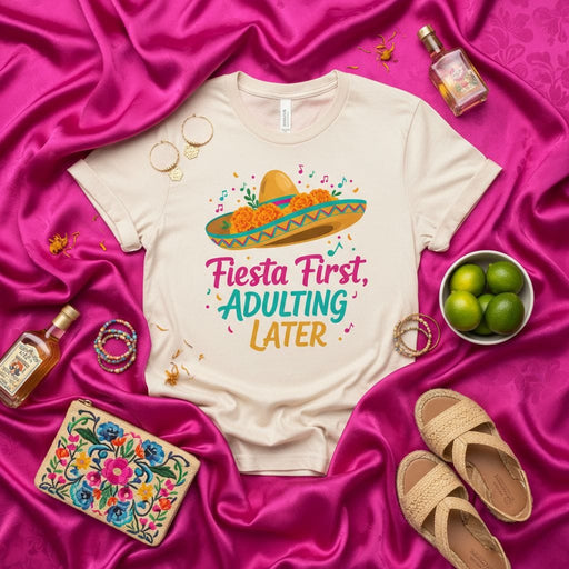 Fiesta First, Adulting Later Shirt, Funny Cinco de Mayo T-Shirt, Sombrero and Marigold Flower Design, Mexican Party Tee, Cute Summer Vacation Top, Unisex Graphic T-Shirt Gift Idea Mexicada