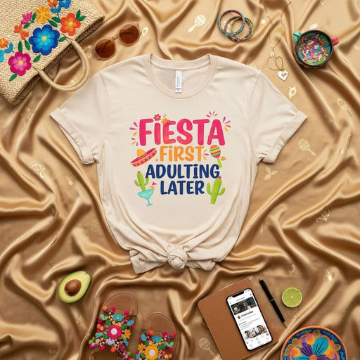 Fiesta First Adulting Later T-Shirt, Funny Cinco de Mayo Party Shirt, Mexican Theme Vacation Tee, Birthday Celebration Top, Unisex Graphic T-Shirt Gift Idea Mexicada