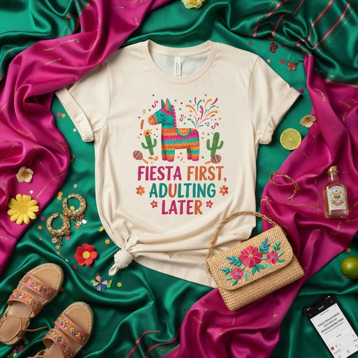 Fiesta First Adulting Later T-Shirt | Funny Piñata Party Tee | Cinco de Mayo Mexican Themed Festival Shirt | Unisex Fiesta Shirt for Women & Men Mexicada