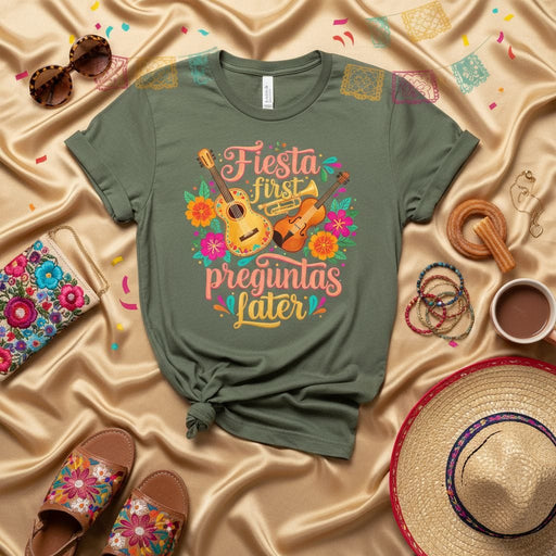 Fiesta First Preguntas Later T-Shirt, Funny Cinco de Mayo Shirt, Mariachi Guitar Trumpet Floral Tee, Mexican Celebration Party Top, Unisex Slogan Graphic Shirt Mexicada