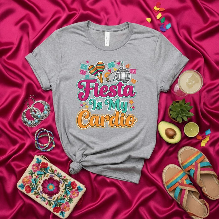 Fiesta Is My Cardio Shirt, Funny Cinco de Mayo Party Dancing T-Shirt, Mexican Theme Festival Tee, Maracas Disco Ball Banner Graphic Unisex Gift for Men Women Mexicada