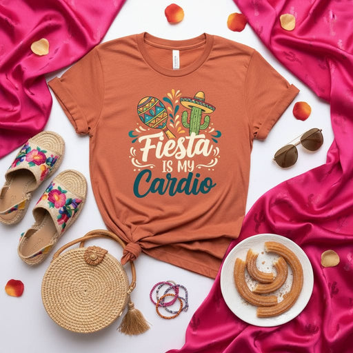Fiesta is My Cardio T-Shirt, Cinco de Mayo Shirt, Mexican Fiesta Party Tee, Maraca Sombrero Cactus Graphic Top, Funny Spanish Saying Shirt for Men & Women Mexicada