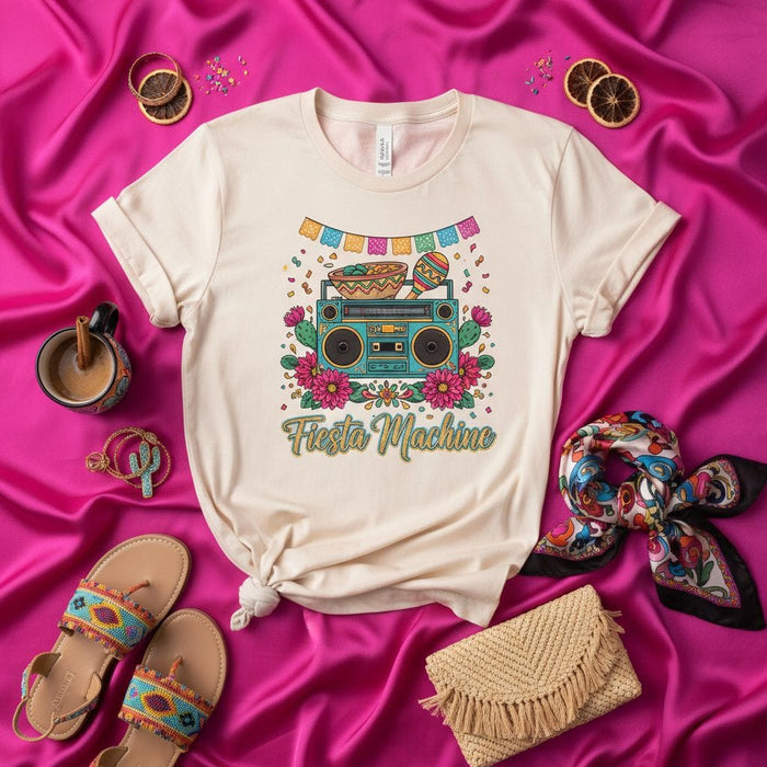Fiesta Machine T-Shirt Unisex Cinco de Mayo Graphic Tee Retro Boombox Cactus Flowers Party Decor Shirt Mexicada