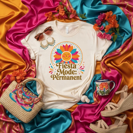 Fiesta Mode Permanent Shirt, Happy Sun Flower Mexican Festival Tee, Colorful Cinco de Mayo Graphic T-Shirt, Summer Vacation Outfit, Hispanic Heritage Apparel Mexicada