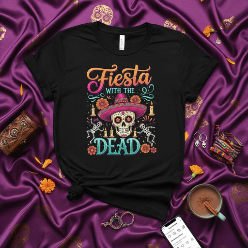 Fiesta With The Dead Sugar Skull T-Shirt, Day of the Dead Shirt, Dia De Muertos Fiesta Shirt, Calavera with Sombrero and Skeletons, Halloween Costume Tee, Mexican Holiday Celebration Apparel for Men & Women Mexicada