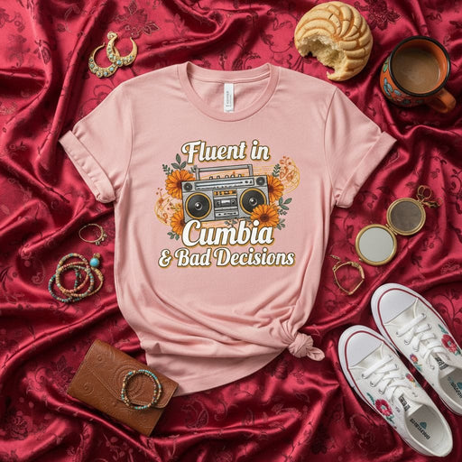 Fluent in Cumbia & Bad Decisions T-Shirt, Cumbia Music Lover Shirt, Spanish Funny Tee, Cumbia Boombox Retro Graphic Shirt, Mexican Fiesta Shirt, Latino Culture Gift, Unisex Pink Shirt Mexicada