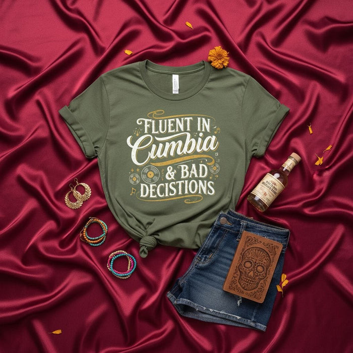 Fluent in Cumbia & Bad Decisions T-Shirt, Funny Cumbia Music Lover Shirt, Latin Dance Party Tee, Unisex Gift for Cumbiamberos, Short-Sleeve Graphic Top with Records & Notes Mexicada