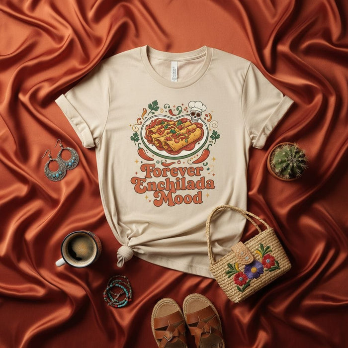 Forever Enchilada Mood T-Shirt: Retro Graphic Tee with Enchiladas, Skull Chef Hat, Peppers, Mexican Food Lover Gift, Unisex Aesthetic Vintage Style Shirt for Fiesta Cinco de Mayo Mexicada
