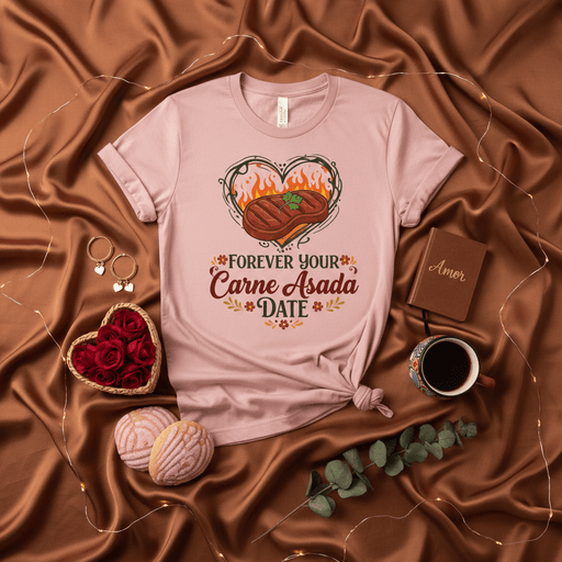 Forever Your Carne Asada Date T-Shirt, Funny Valentine's Day Shirt, Mexican Food Lover Gift, BBQ Grilling Heart Tee, Amigas T-Shirt, Cute Latinx Couple Shirt, Pink Unisex T-shirt. Mexicada