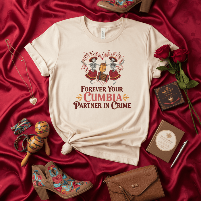 Forever Your Cumbia Partner in Crime T-Shirt, Dancing Skeletons Mariachi Band Shirt, Day of the Dead Couple Tee, Dia de los Muertos Cumbia Dance Lover Gift, Unisex Aesthetic T-Shirt Mexicada